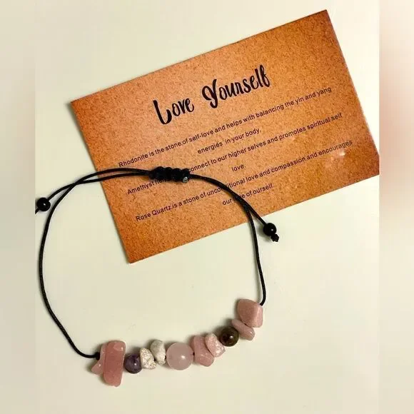 “Love Yourself” Tumbled Stone Bracelet (Rose Quartz, Amethyst, Rhodonite) - Picture 12 of 12